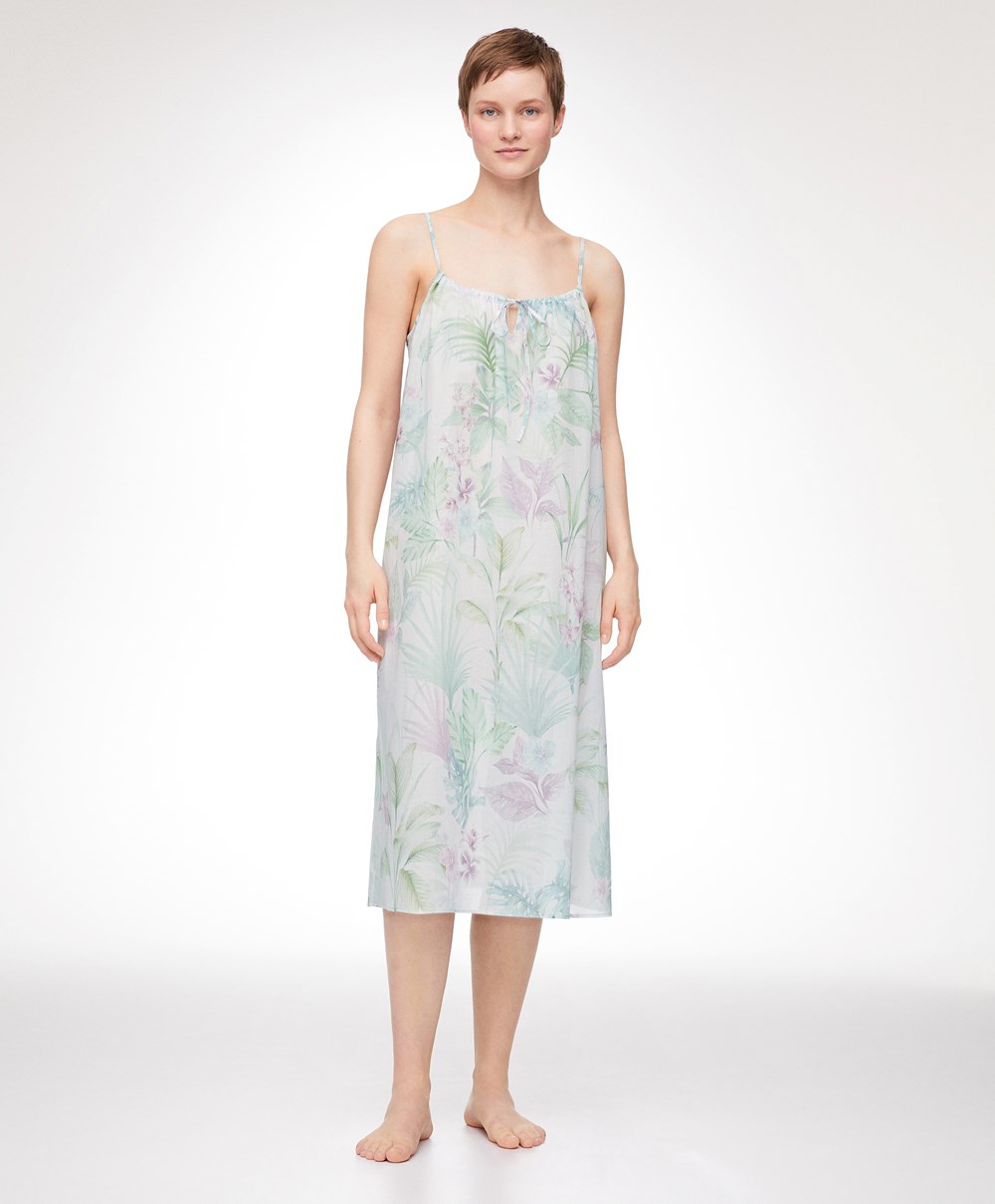 Oysho Tropical 100% βαμβακερα strappy Midi Nightdress Soft Mauve | QUYAME-570