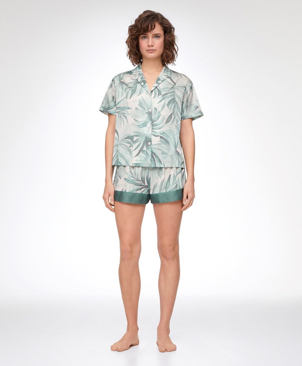 Oysho Tropical Leaf Satin Shorts πρασινο | QZKDMR-043