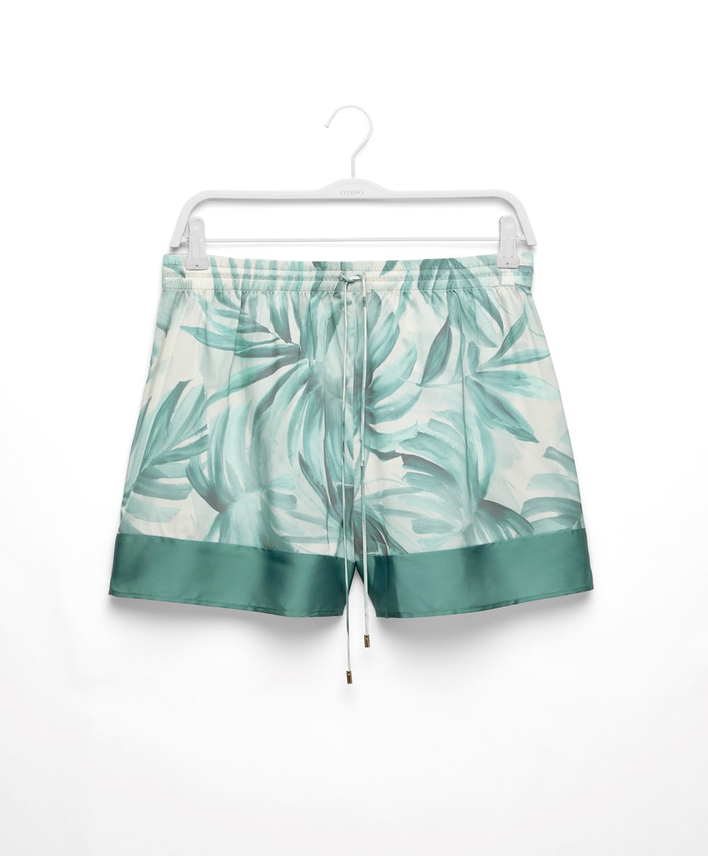 Oysho Tropical Leaf Satin Shorts πρασινο | QZKDMR-043