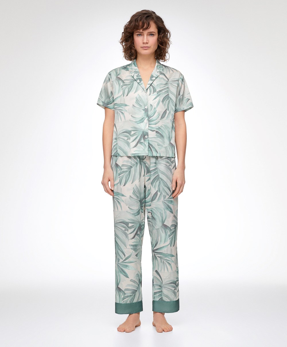 Oysho Tropical Leaf Satin Trousers πρασινο | BOHPYT-503