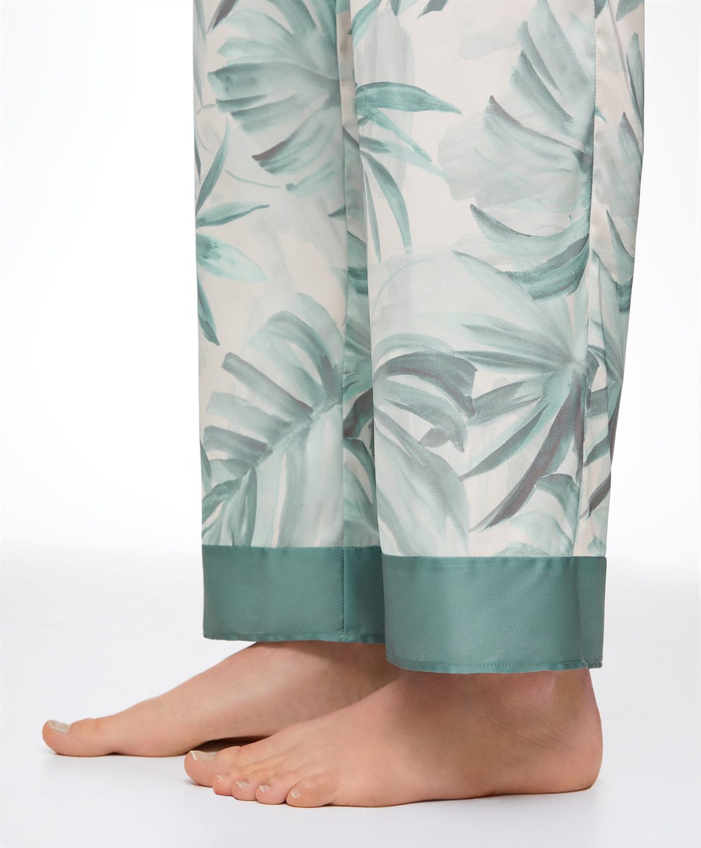 Oysho Tropical Leaf Satin Trousers πρασινο | BOHPYT-503