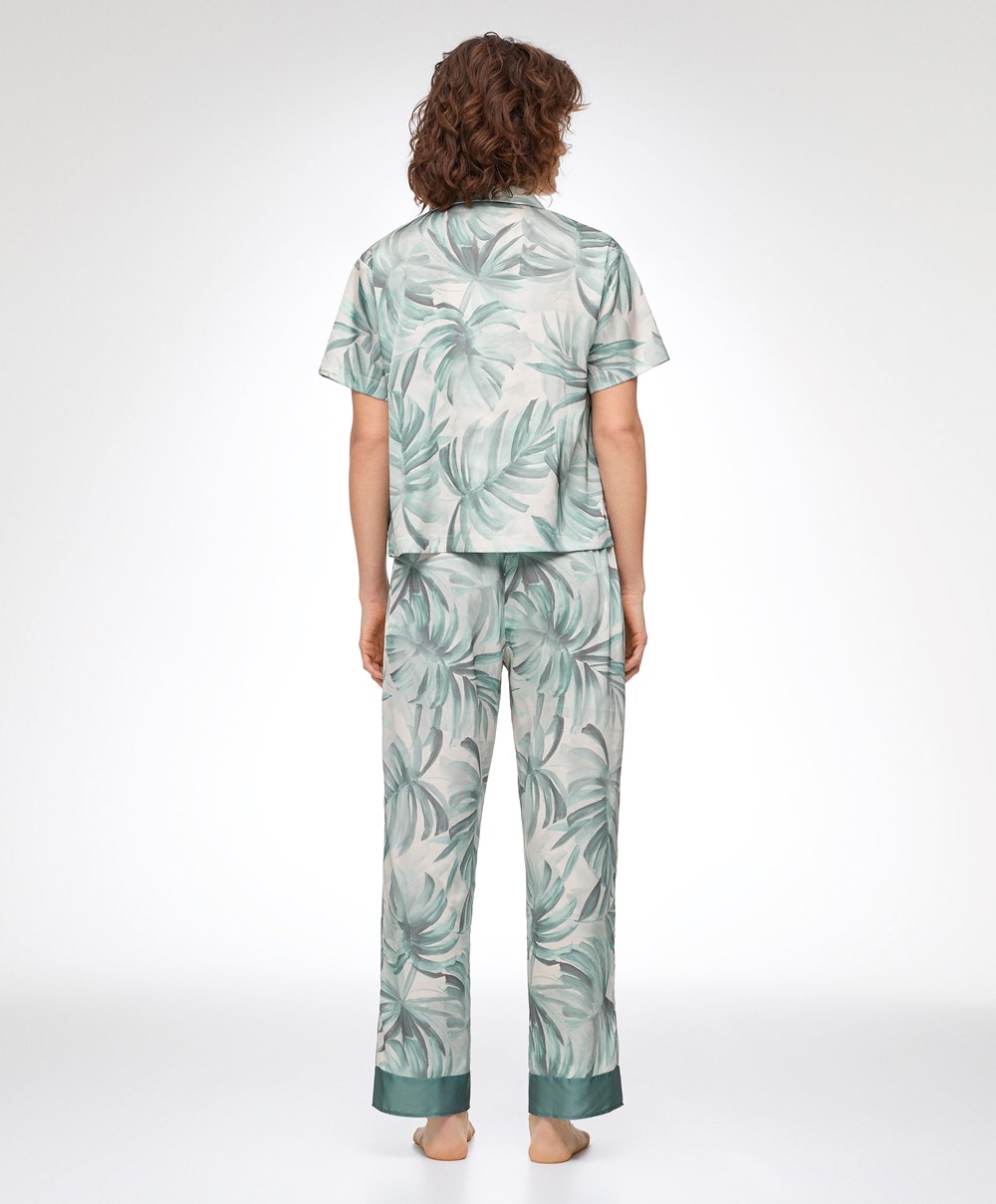 Oysho Tropical Leaf Satin Trousers πρασινο | BOHPYT-503