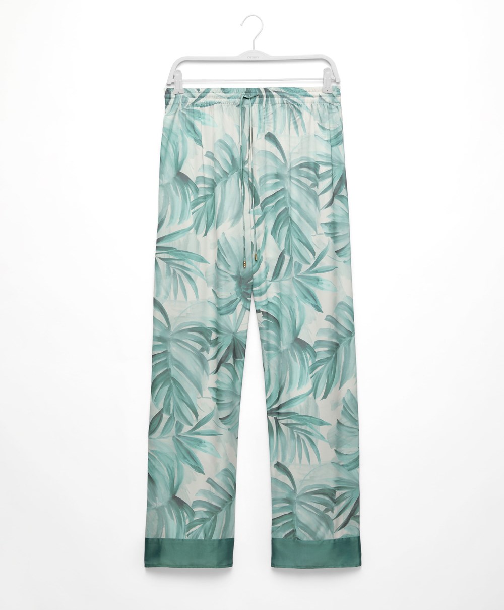 Oysho Tropical Leaf Satin Trousers πρασινο | BOHPYT-503