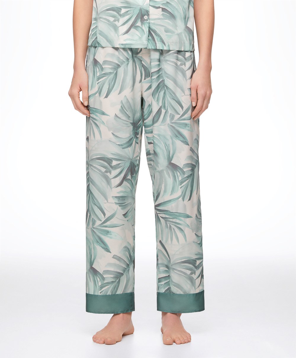 Oysho Tropical Leaf Satin Trousers πρασινο | BOHPYT-503