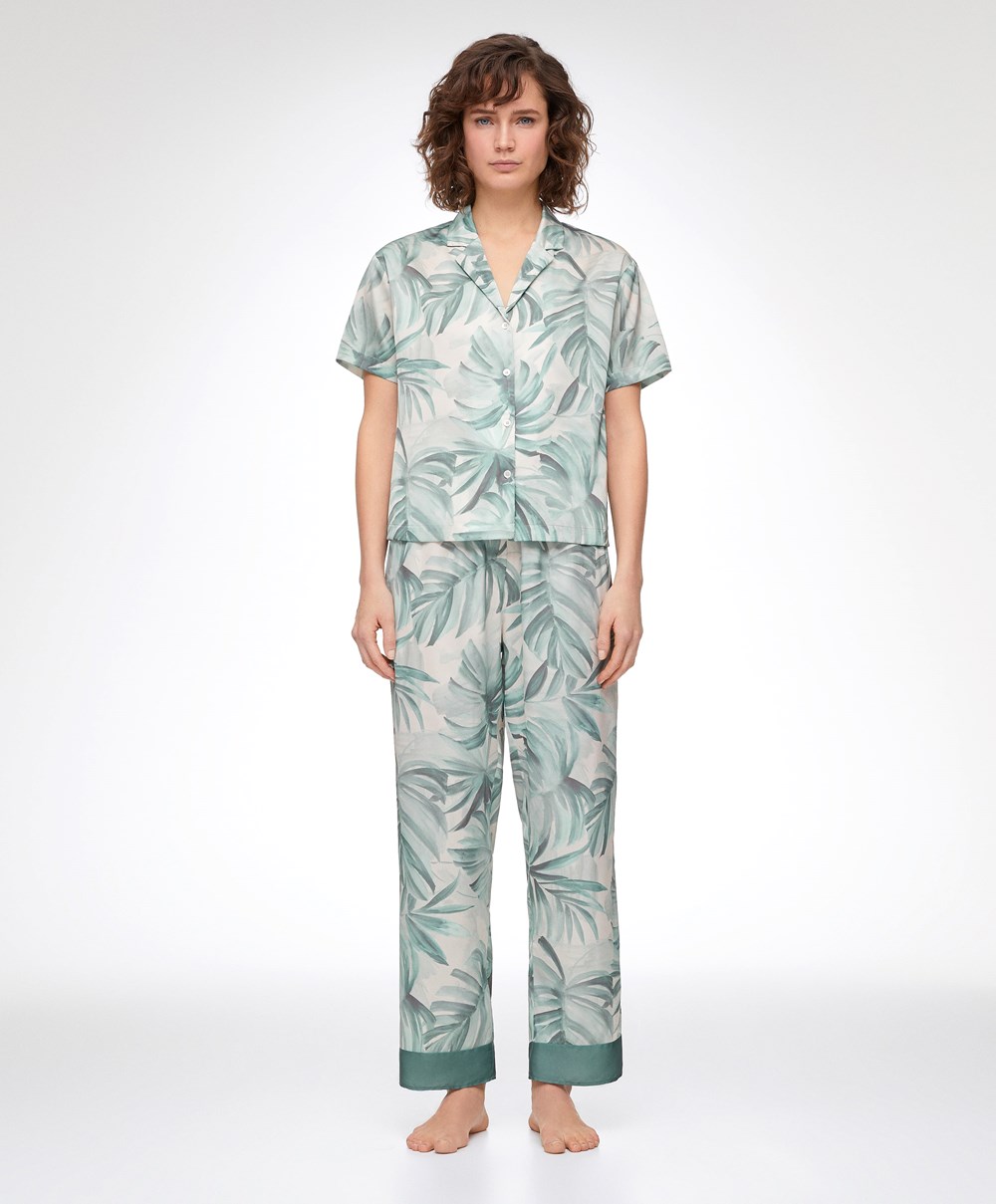 Oysho Tropical Leaf Satin κοντο-sleeved Shirt πρασινο | NMXWJF-542