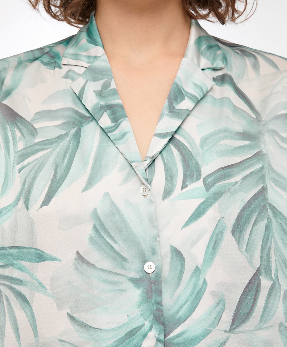 Oysho Tropical Leaf Satin κοντο-sleeved Shirt πρασινο | NMXWJF-542