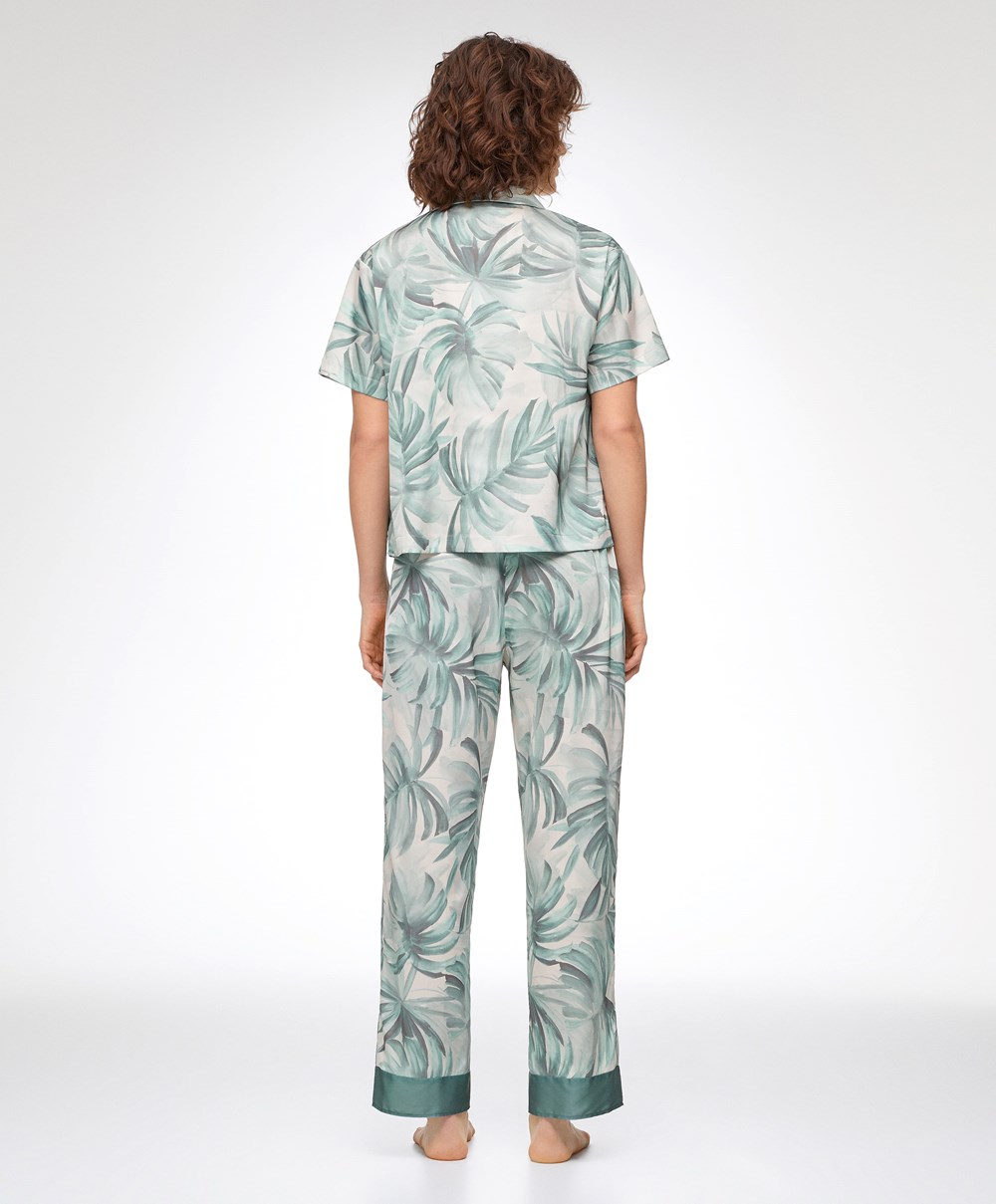 Oysho Tropical Leaf Satin κοντο-sleeved Shirt πρασινο | NMXWJF-542