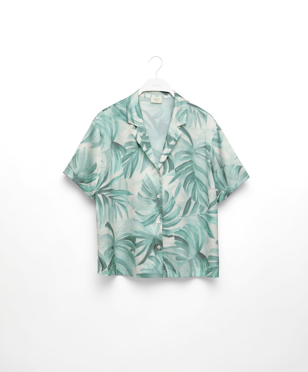 Oysho Tropical Leaf Satin κοντο-sleeved Shirt πρασινο | NMXWJF-542