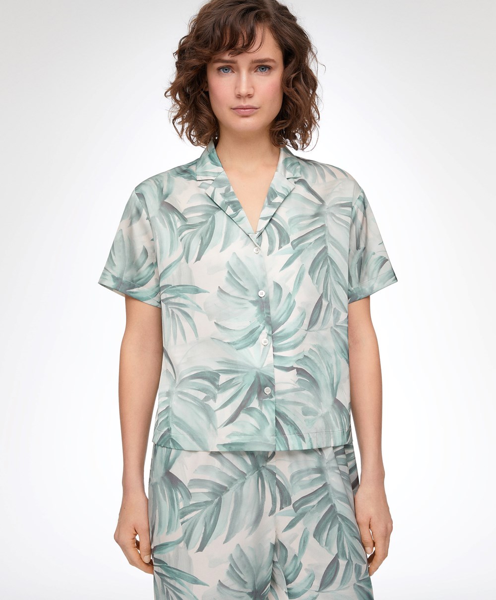 Oysho Tropical Leaf Satin κοντο-sleeved Shirt πρασινο | NMXWJF-542