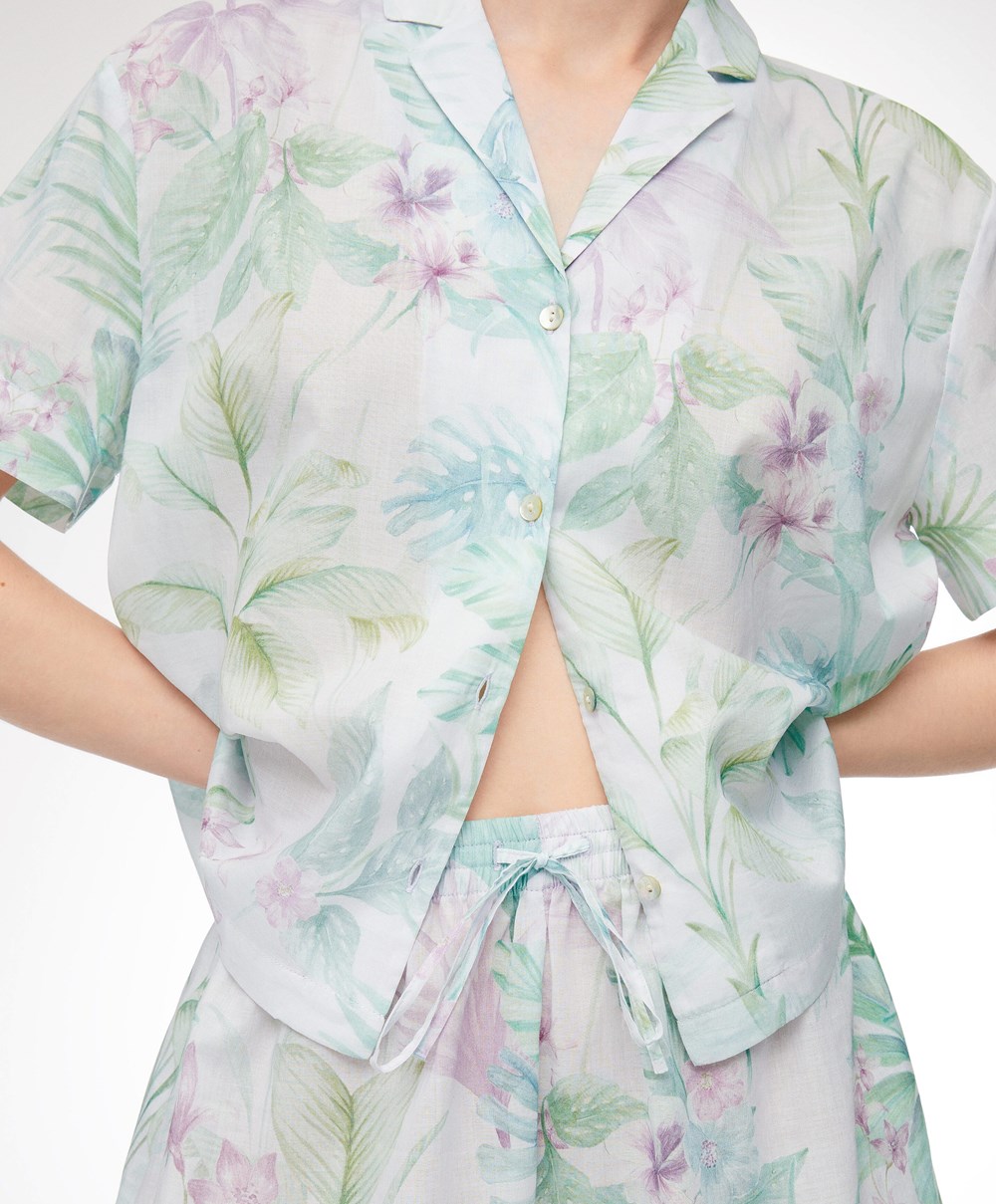 Oysho Tropical Print κοντο-sleeved 100% βαμβακερα Shirt Soft Mauve | HQUTXW-948