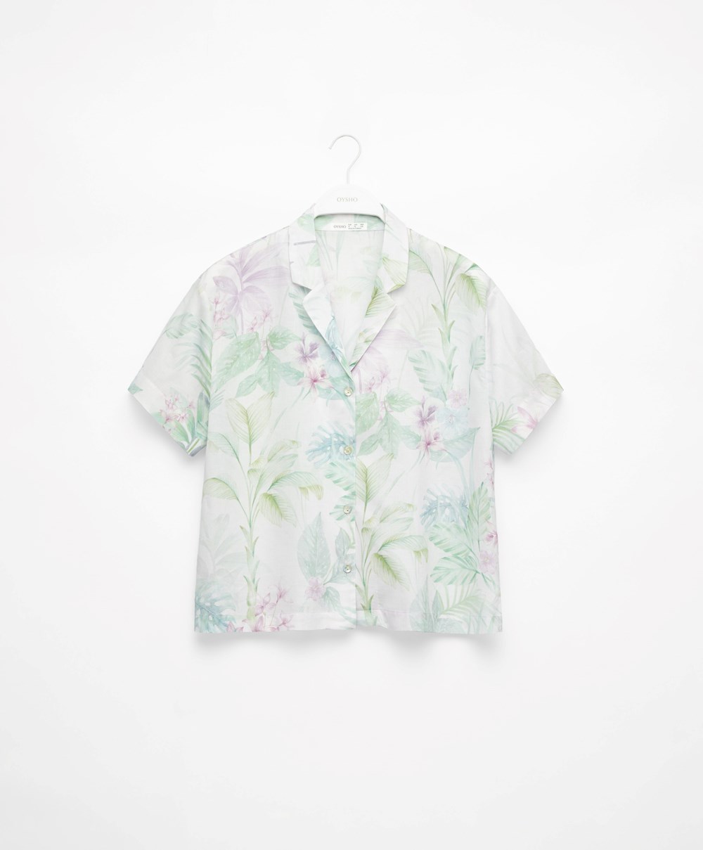 Oysho Tropical Print κοντο-sleeved 100% βαμβακερα Shirt Soft Mauve | HQUTXW-948