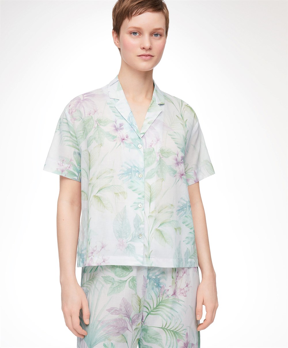 Oysho Tropical Print κοντο-sleeved 100% βαμβακερα Shirt Soft Mauve | HQUTXW-948