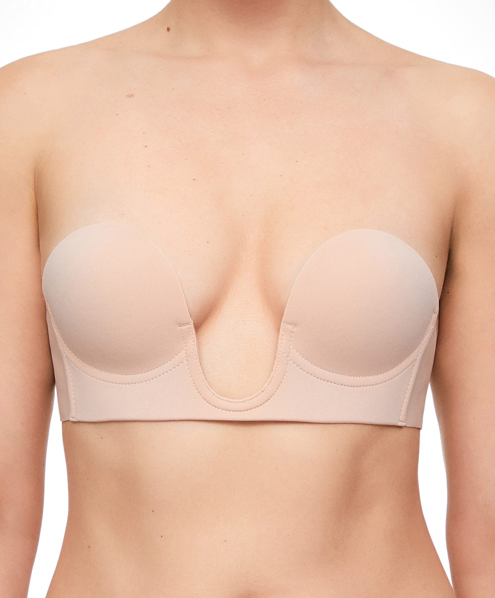 Oysho U-neck Fabric Adhesive Bra Μπεζ | DVALQG-034