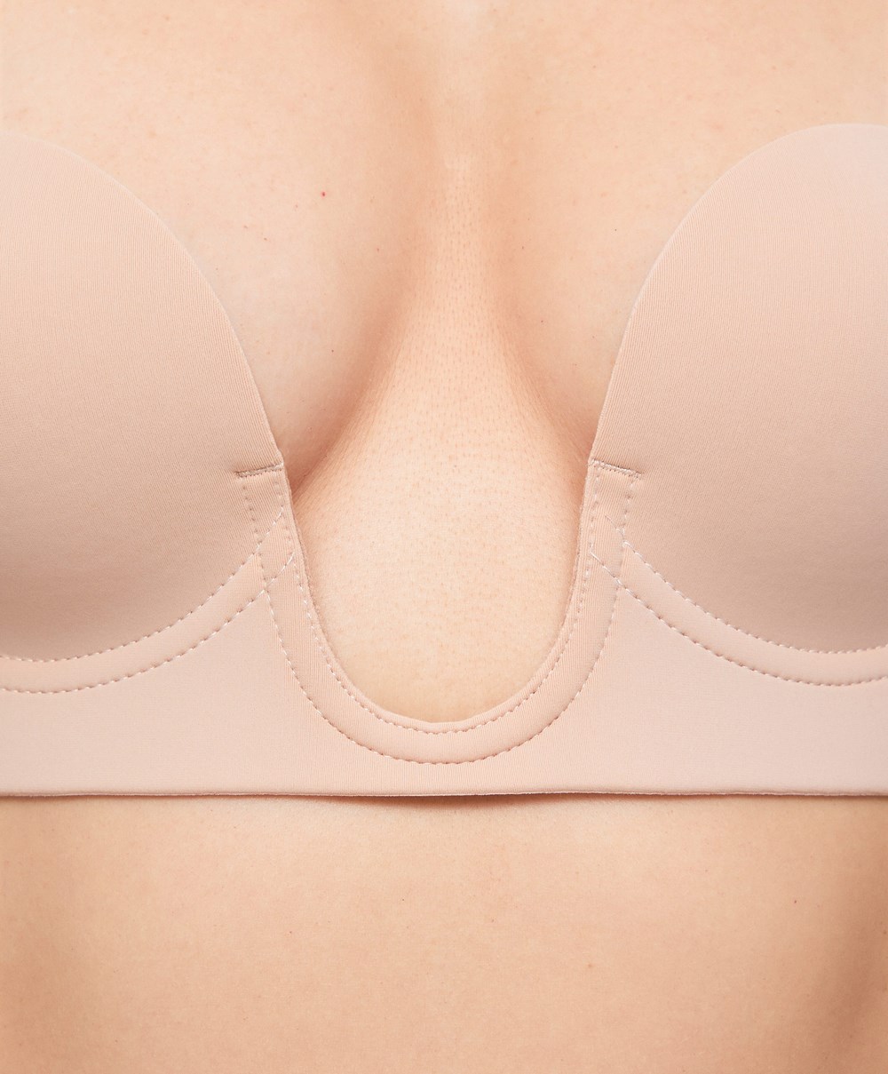 Oysho U-neck Fabric Adhesive Bra Μπεζ | DVALQG-034