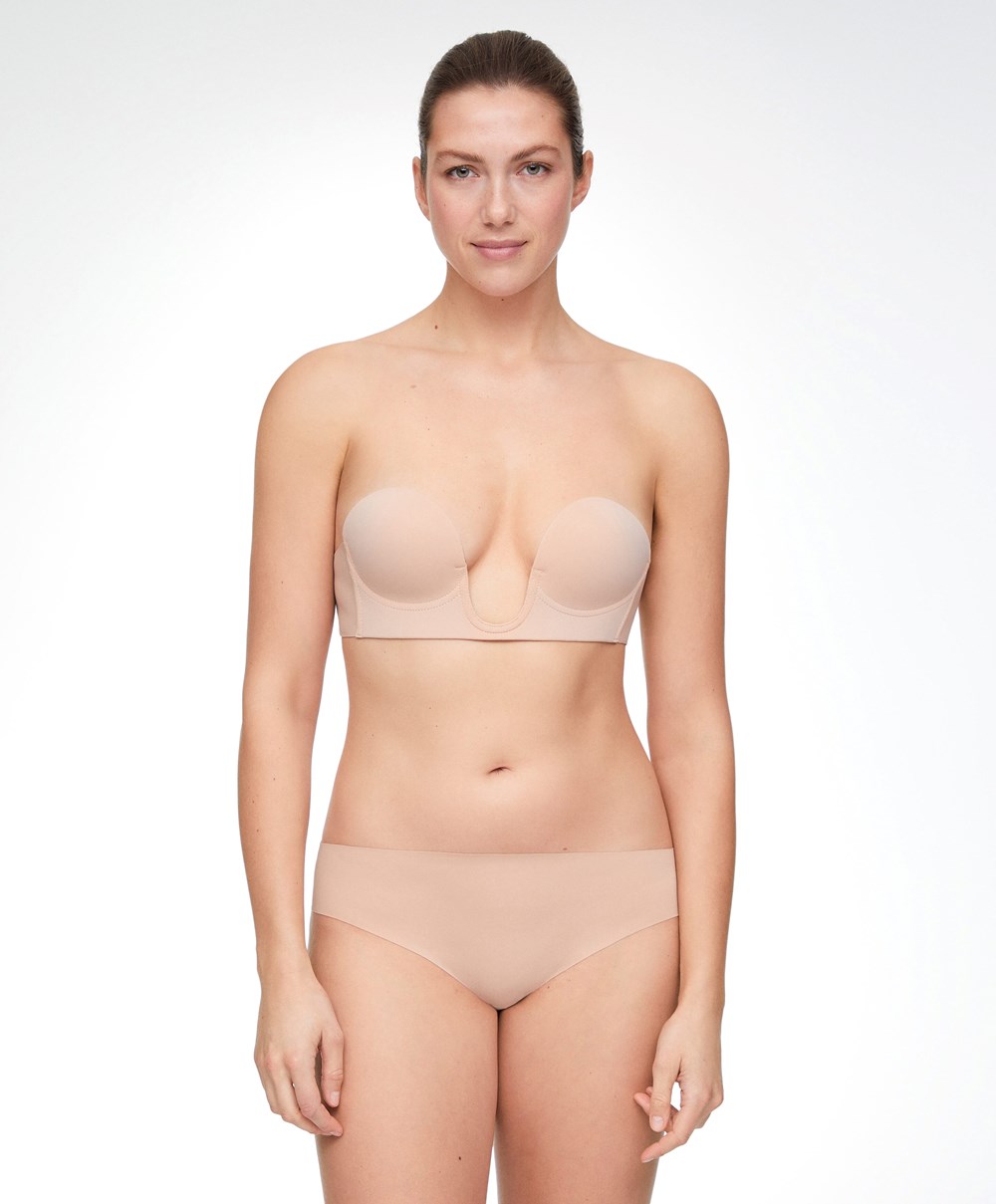 Oysho U-neck Fabric Adhesive Bra Μπεζ | DVALQG-034