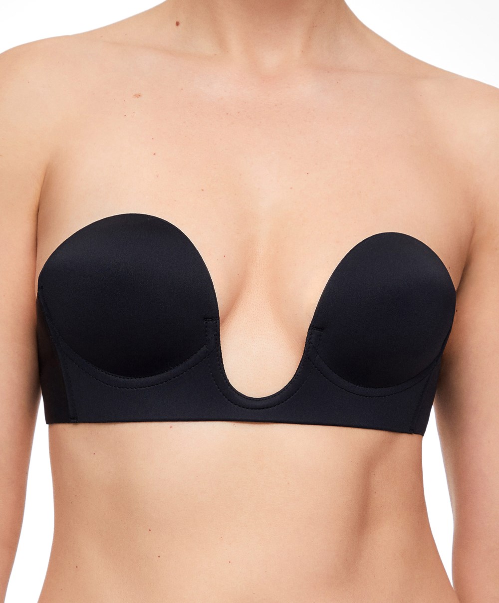 Oysho U-neck Fabric Adhesive Bra μαυρα | AVFBZU-204