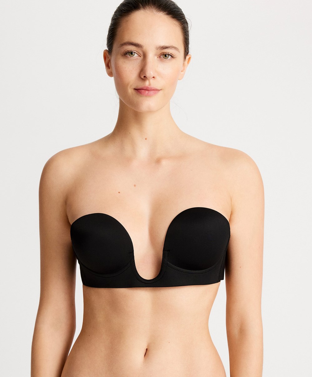 Oysho U-neck Fabric Adhesive Bra μαυρα | AVFBZU-204