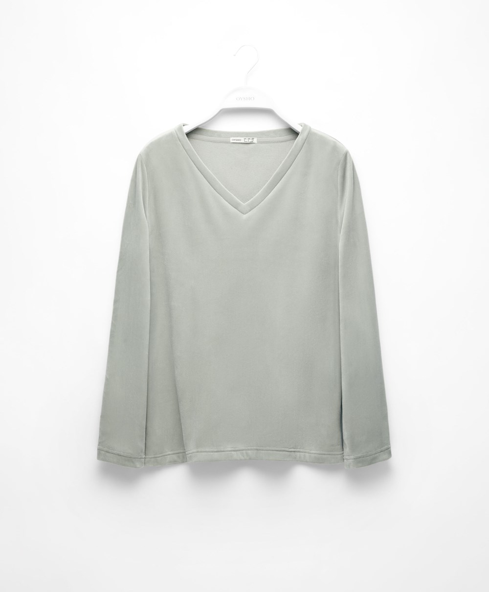 Oysho Velour Long-sleeved T-shirt Green-grey | JLKCSI-278