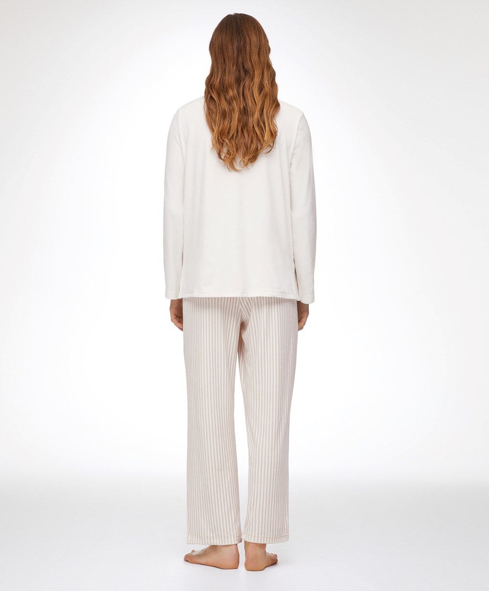 Oysho Velour Long-sleeved T-shirt Pale Ecru | XJSFZO-203