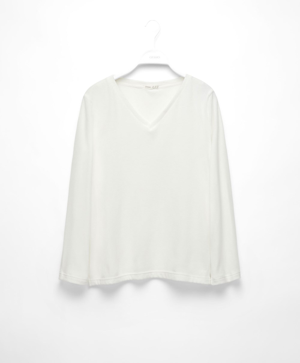 Oysho Velour Long-sleeved T-shirt Pale Ecru | XJSFZO-203