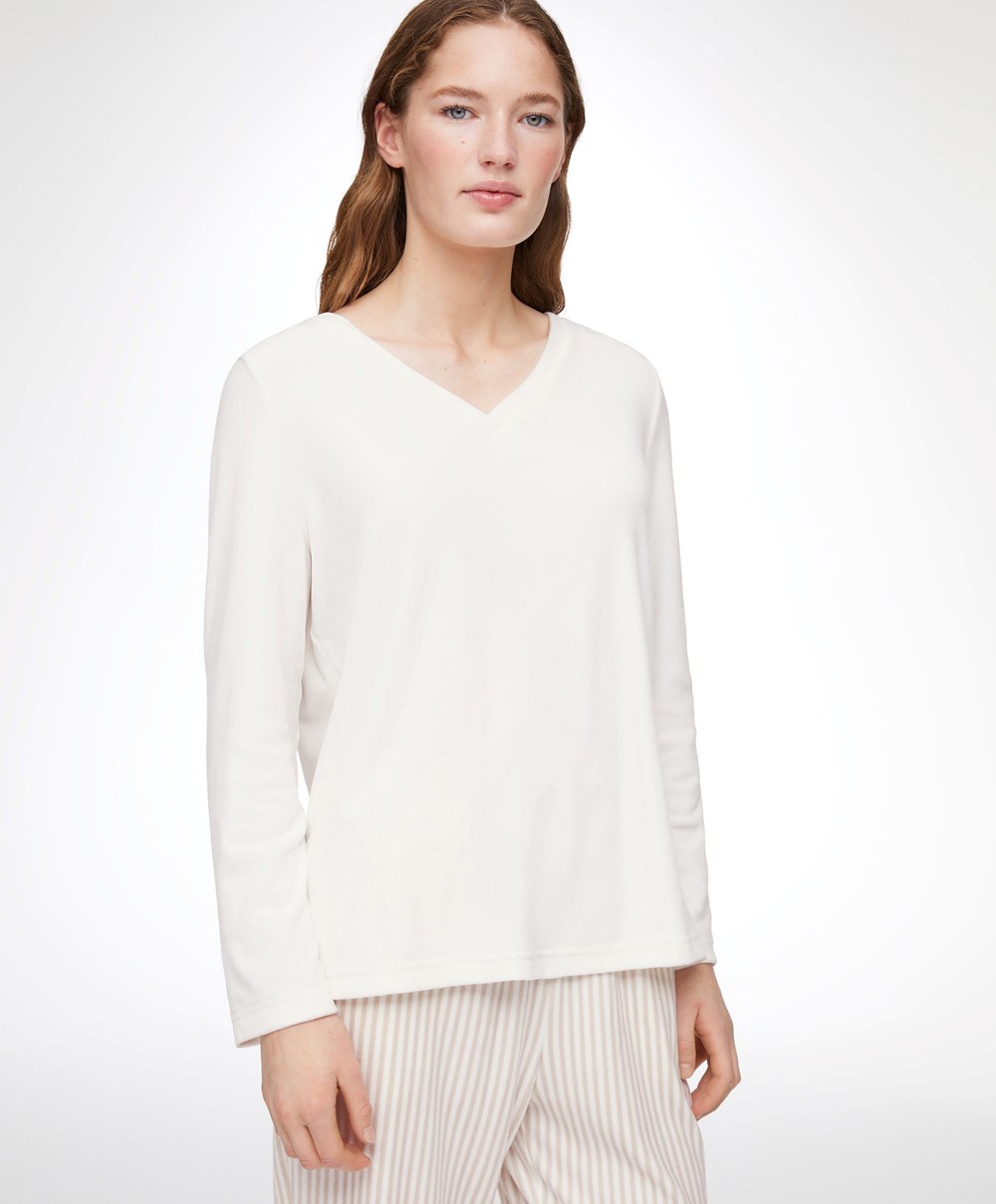 Oysho Velour Long-sleeved T-shirt Pale Ecru | XJSFZO-203