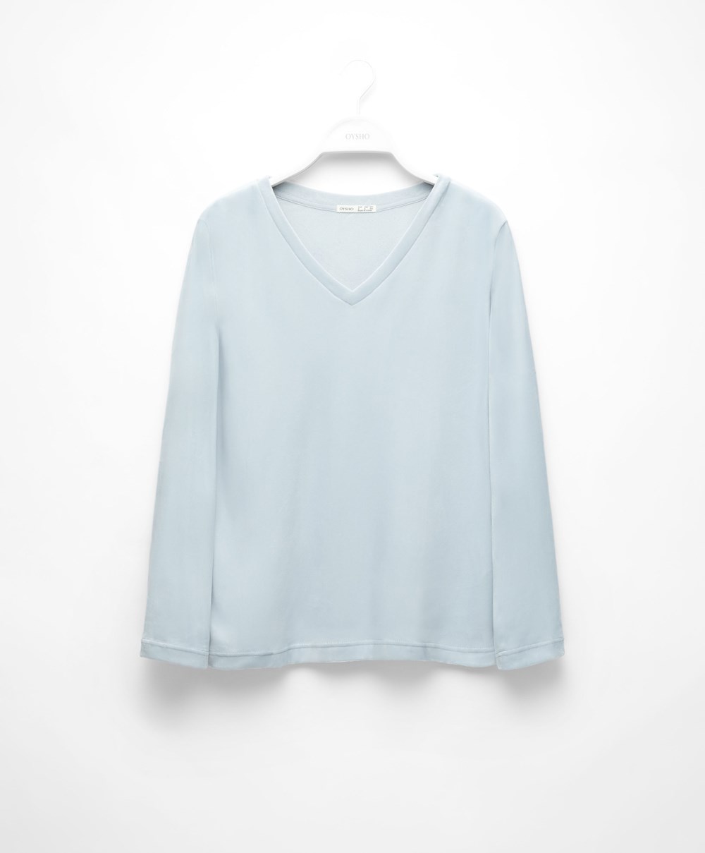 Oysho Velour Long-sleeved T-shirt μπλε | YGJAWB-805