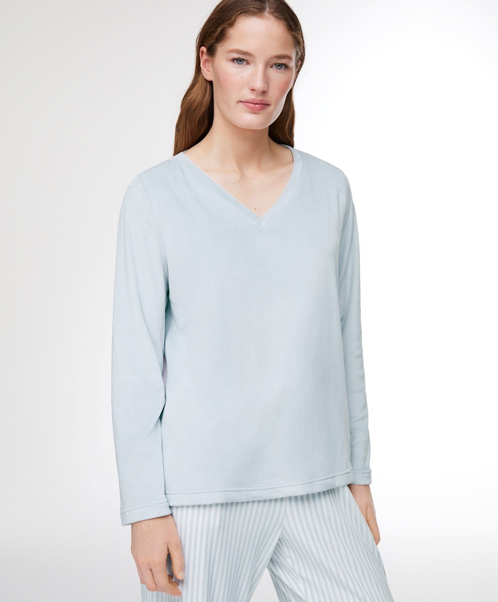 Oysho Velour Long-sleeved T-shirt μπλε | YGJAWB-805