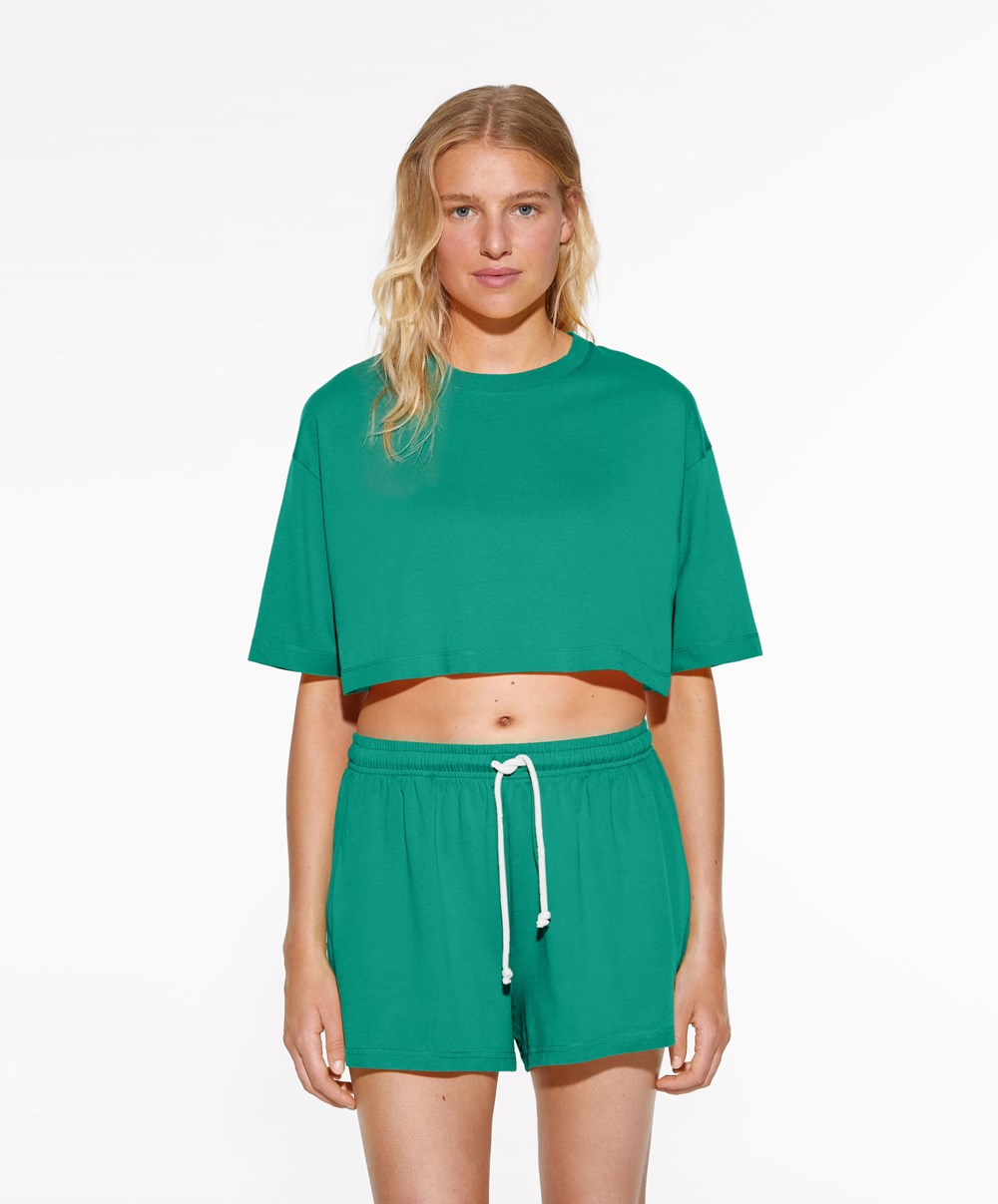 Oysho Washed 100% βαμβακερα Crop T-shirt πρασινο | JVEWPA-795