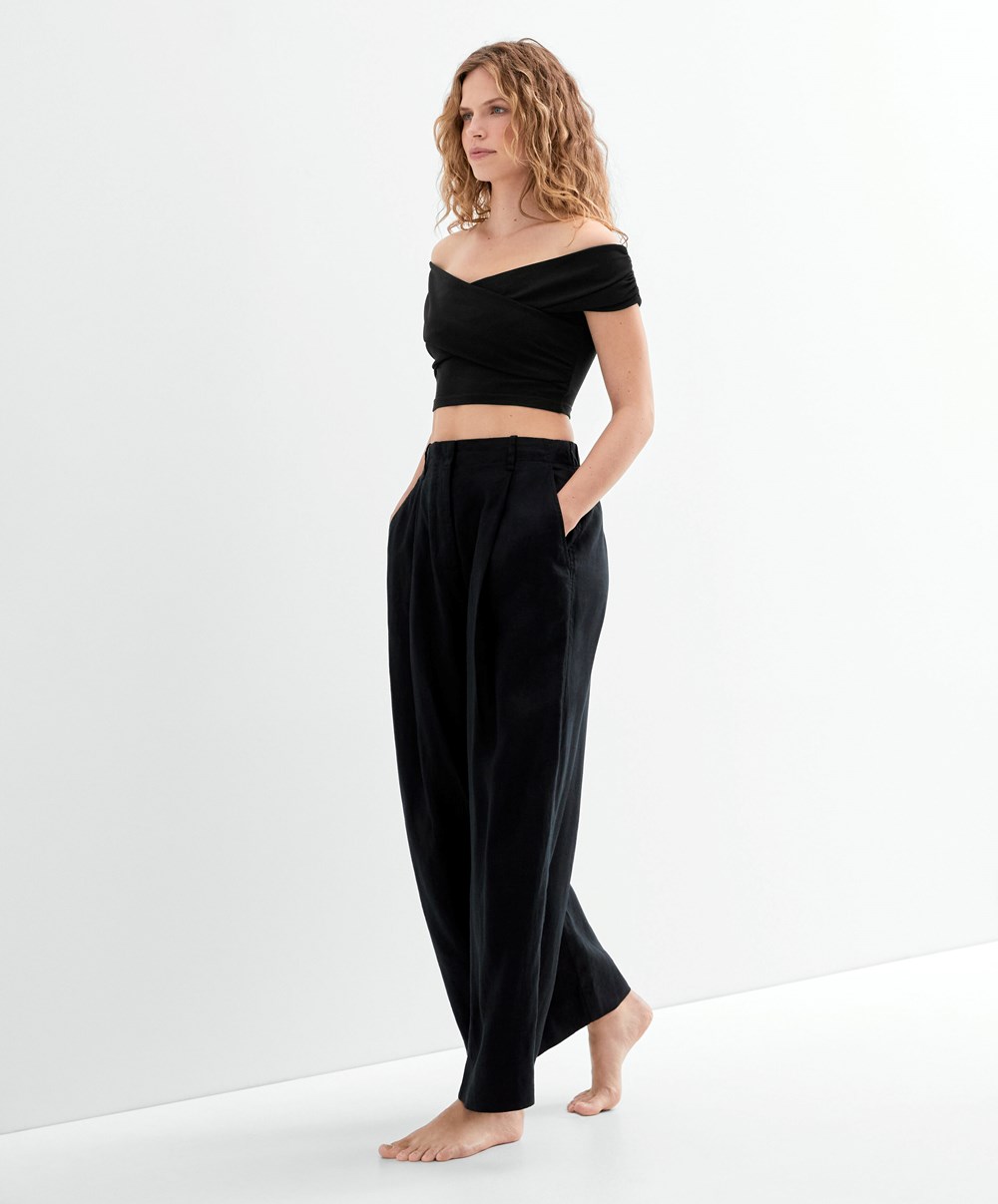 Oysho Wrap Off-shoulder Top μαυρα | PIUAJD-152