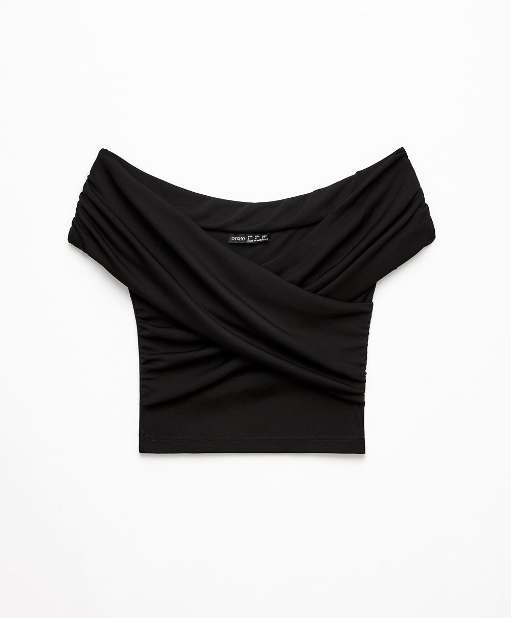 Oysho Wrap Off-shoulder Top μαυρα | PIUAJD-152