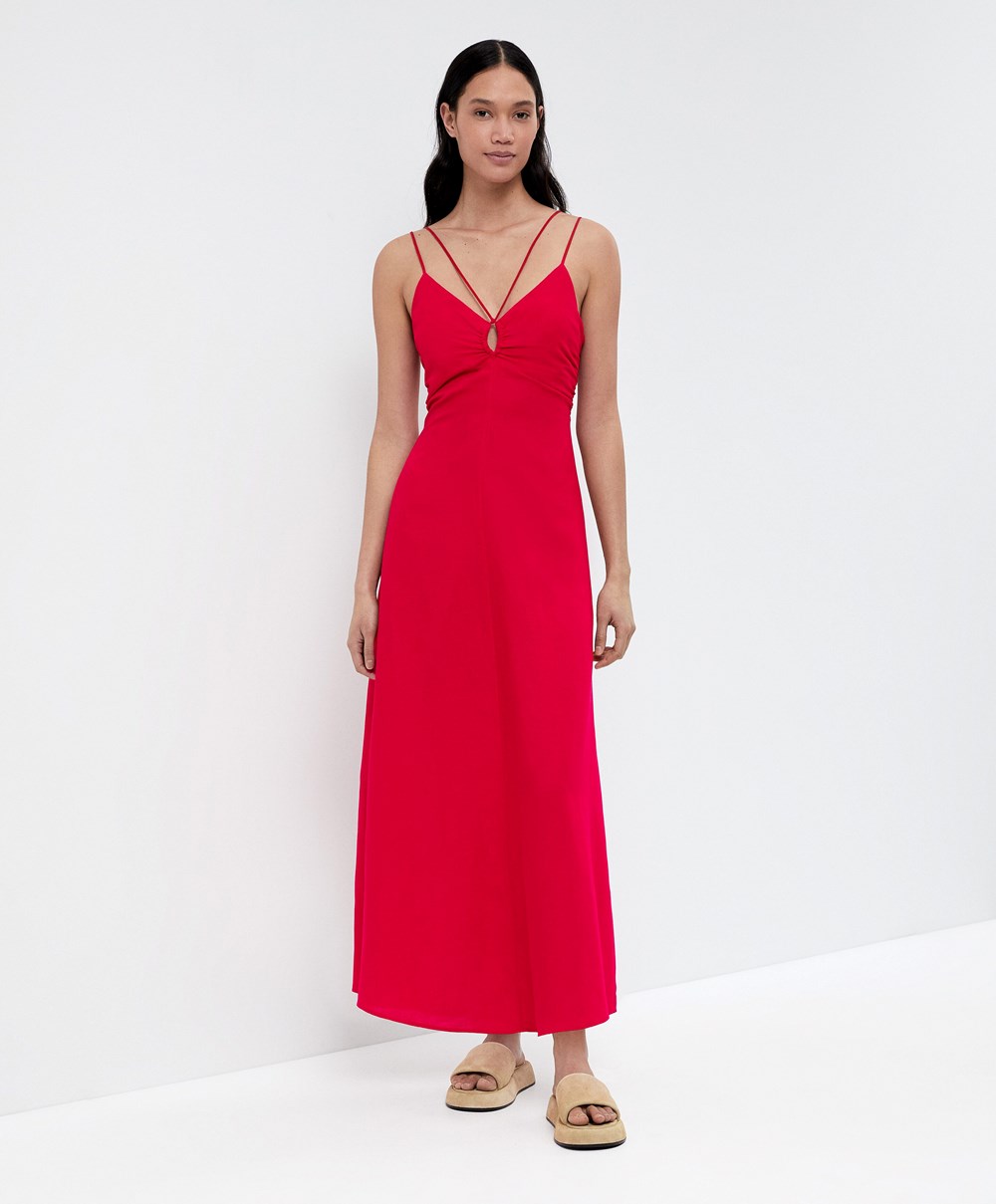 Oysho strappy Linen Midi φορεμα κοκκινα | WVCMDO-649