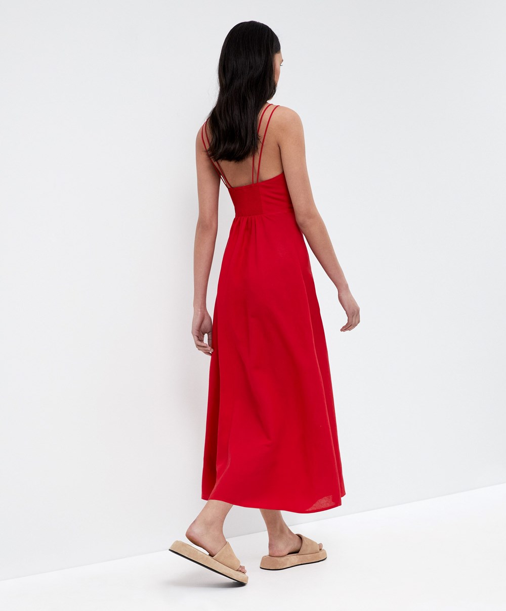 Oysho strappy Linen Midi φορεμα κοκκινα | WVCMDO-649