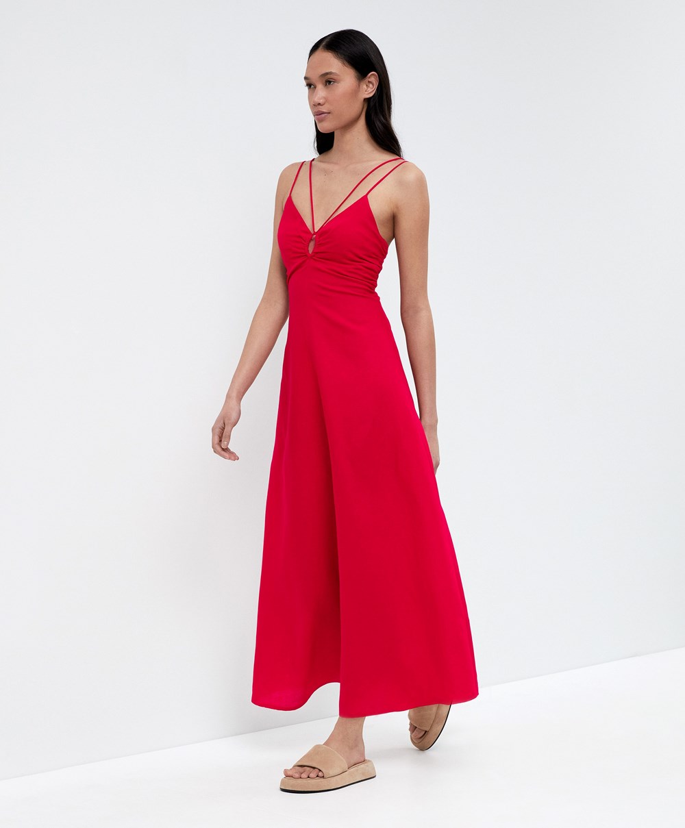 Oysho strappy Linen Midi φορεμα κοκκινα | WVCMDO-649