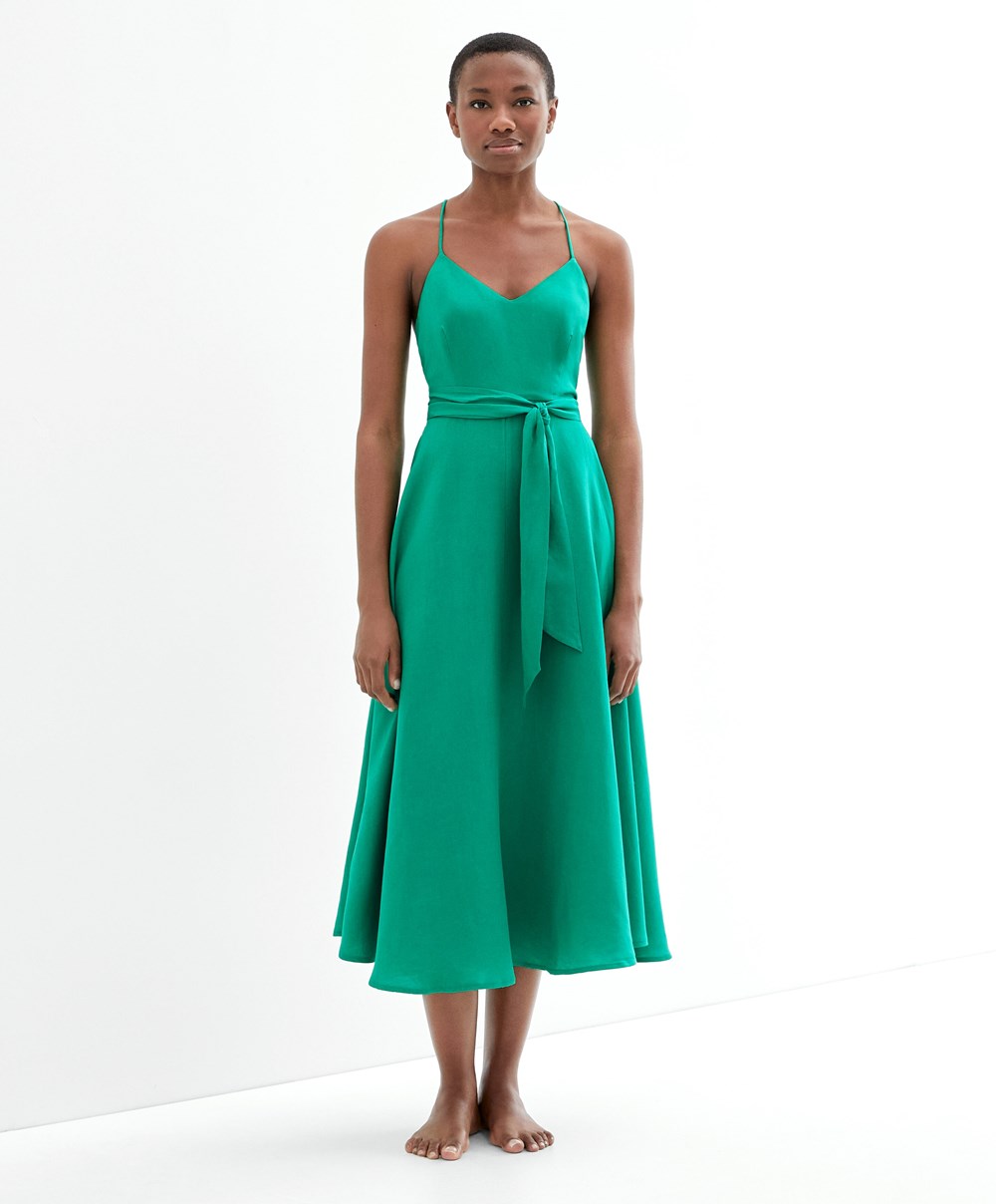 Oysho strappy Linen Midi φορεμα πρασινο | BTPAVM-130