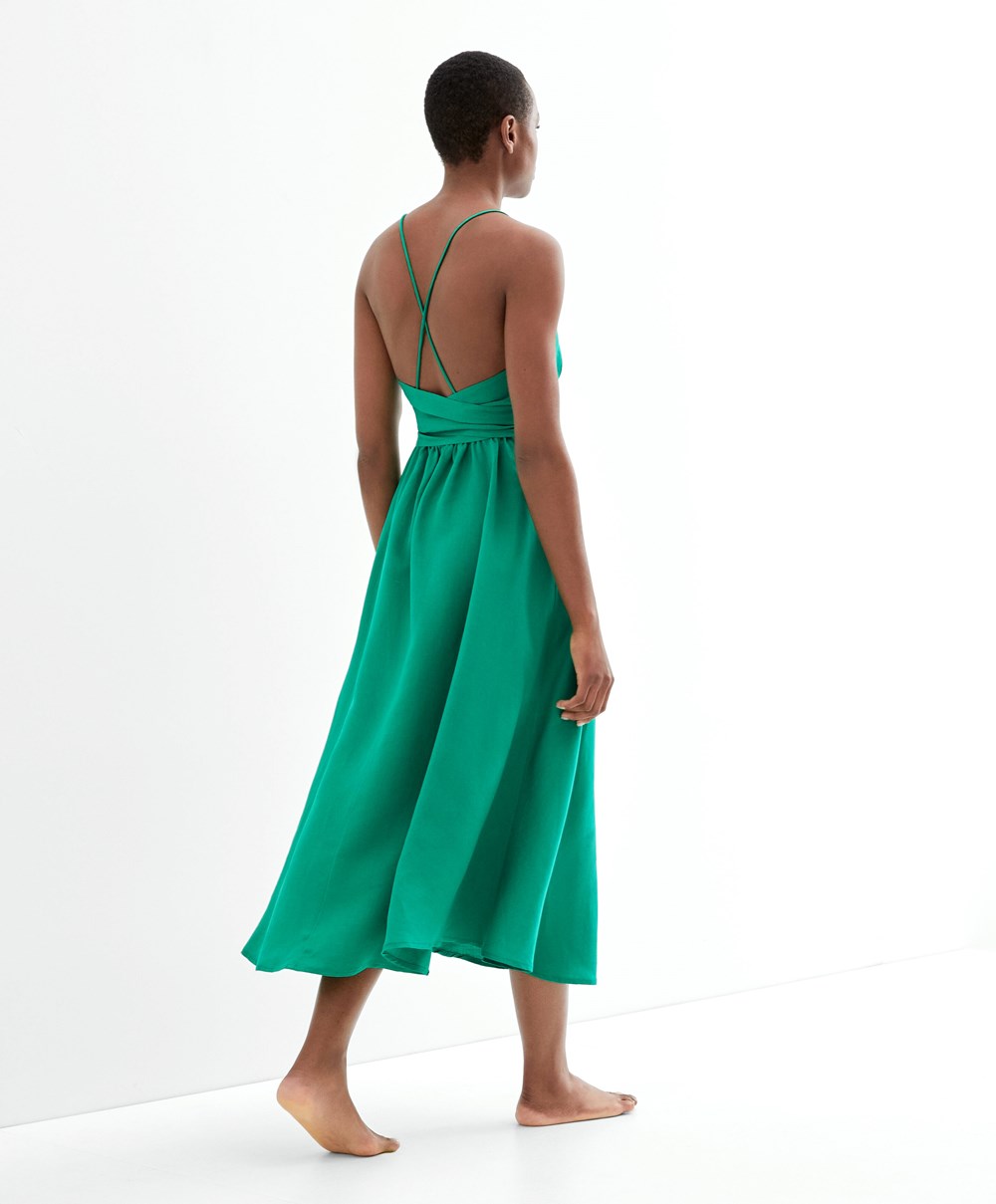 Oysho strappy Linen Midi φορεμα πρασινο | BTPAVM-130