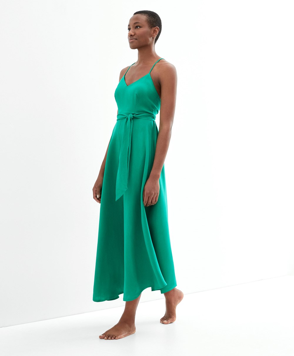 Oysho strappy Linen Midi φορεμα πρασινο | BTPAVM-130