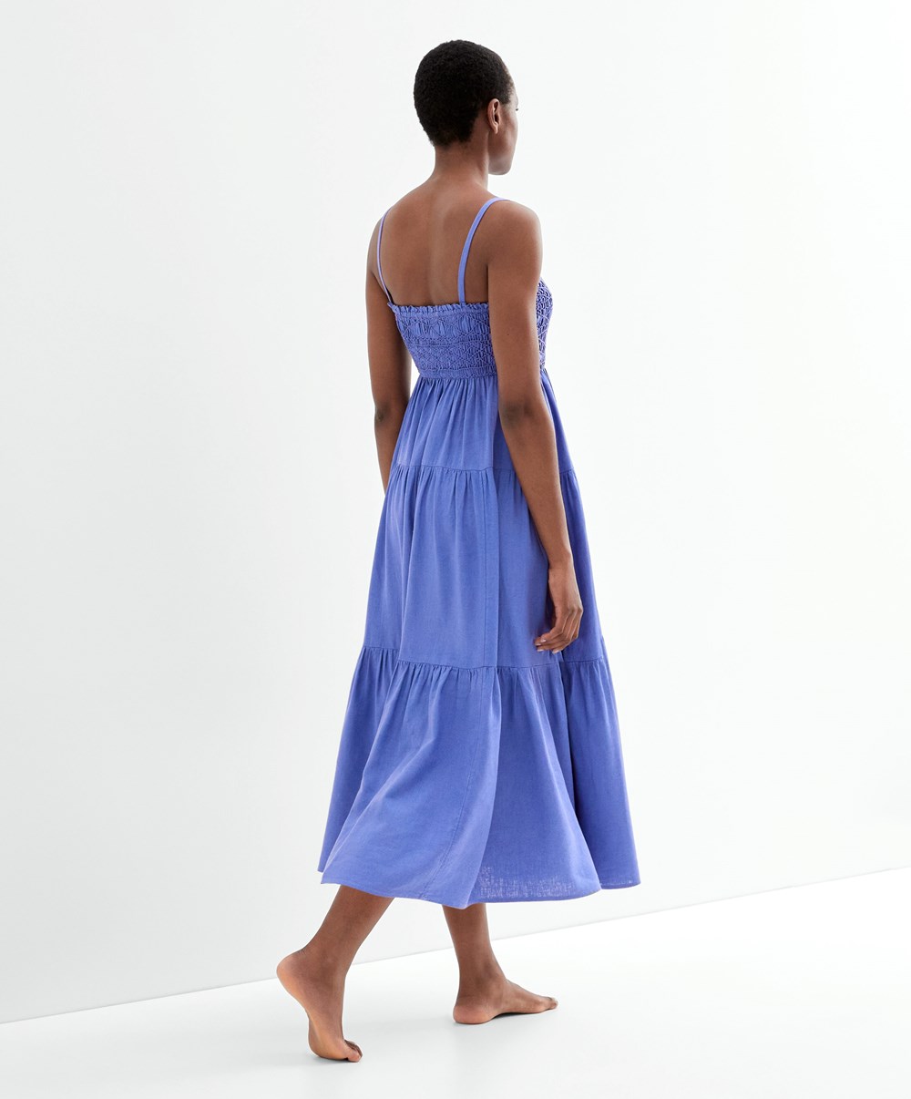 Oysho strappy Ruched Linen φορεμα λεβάντα | SKWJTL-596