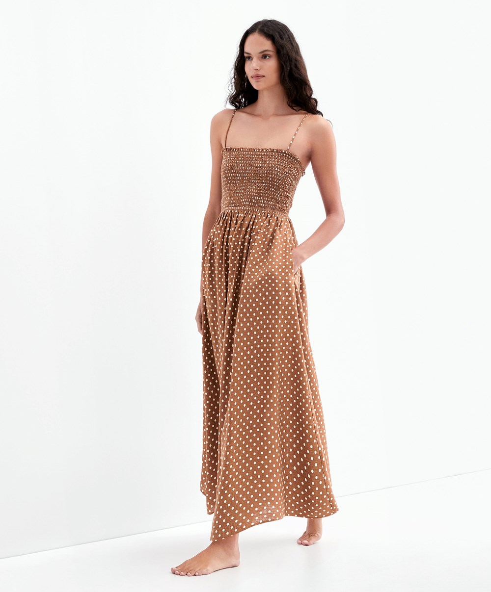 Oysho strappy Ruched Polka Dot φορεμα Caramel | MPOIFA-591