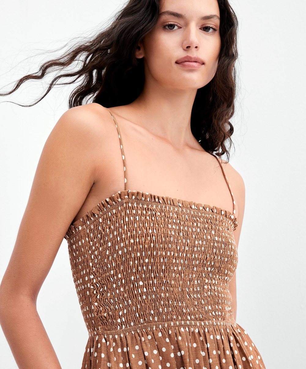 Oysho strappy Ruched Polka Dot φορεμα Caramel | MPOIFA-591