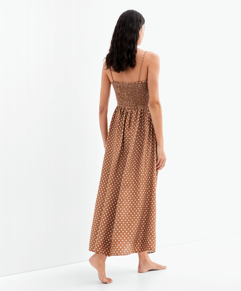 Oysho strappy Ruched Polka Dot φορεμα Caramel | MPOIFA-591