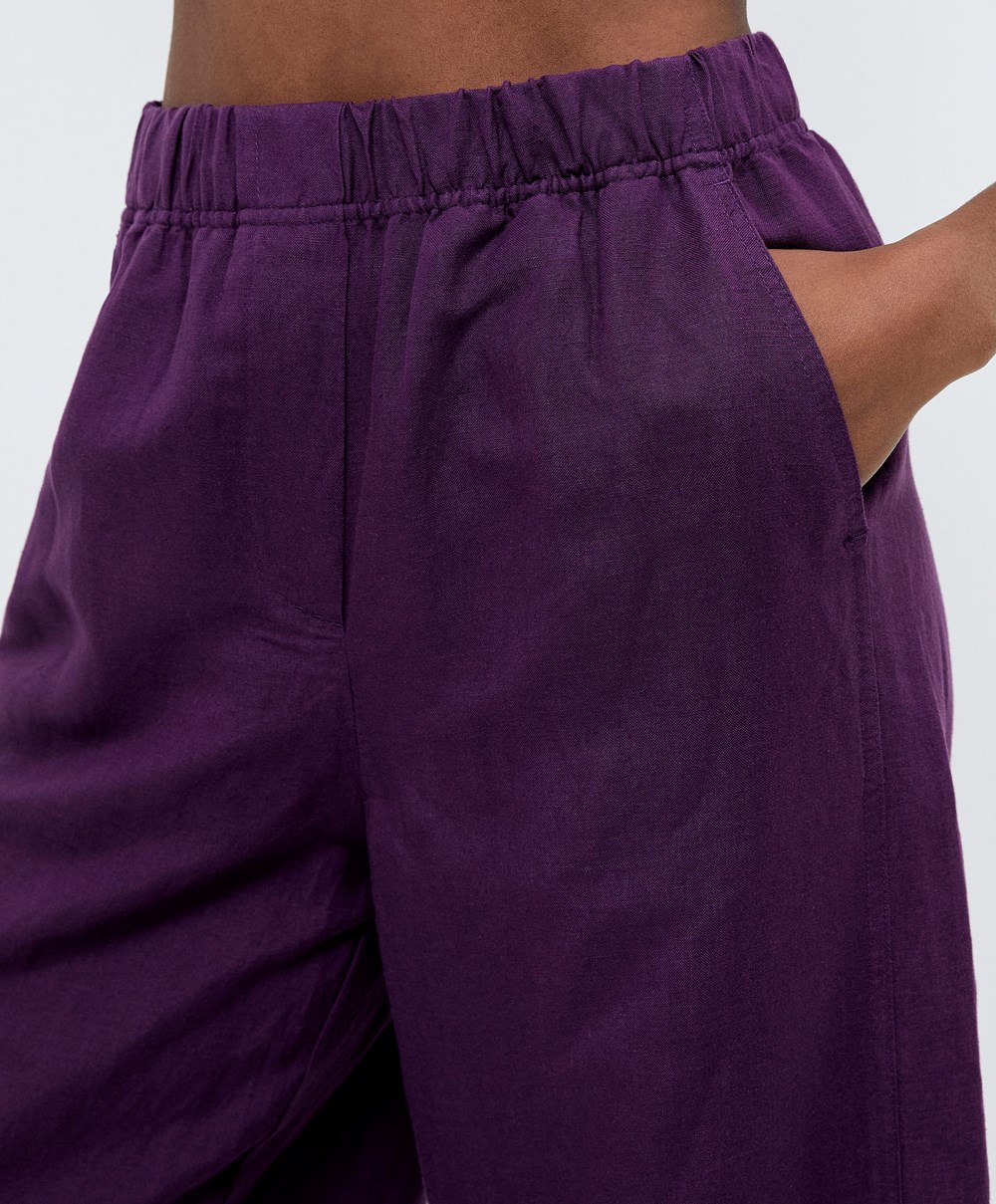 Oysho Ευθεία Cut Linen Trousers Plum | DXFIBZ-651