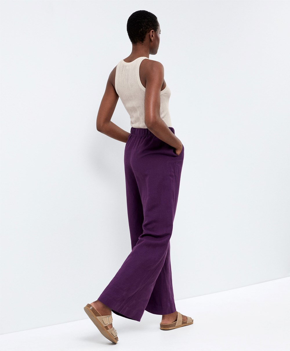 Oysho Ευθεία Cut Linen Trousers Plum | DXFIBZ-651