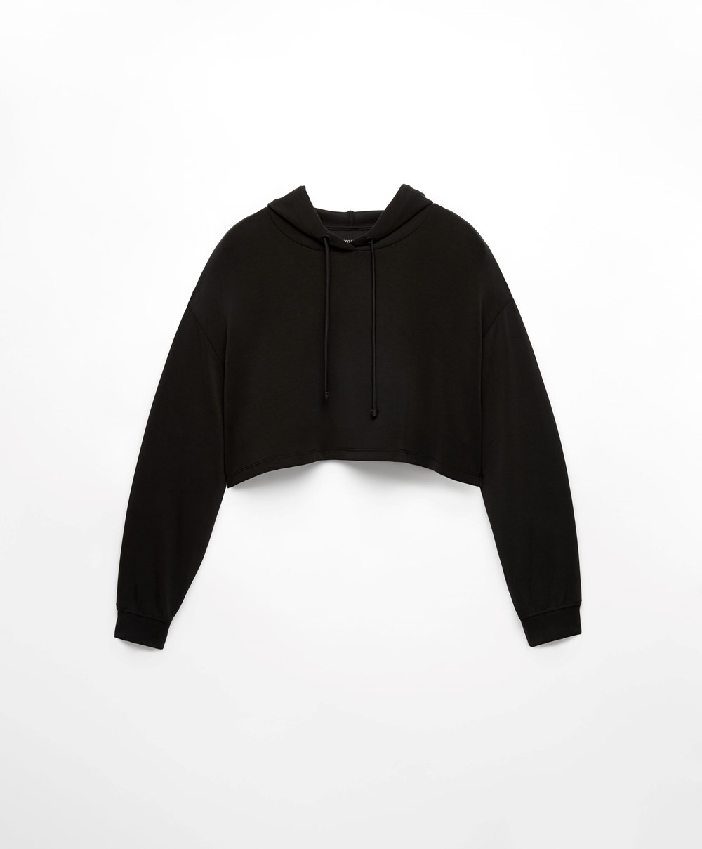 Oysho Κουκουλοφόρος Modal Crop Sweatshirt μαυρα | FZQHOM-096