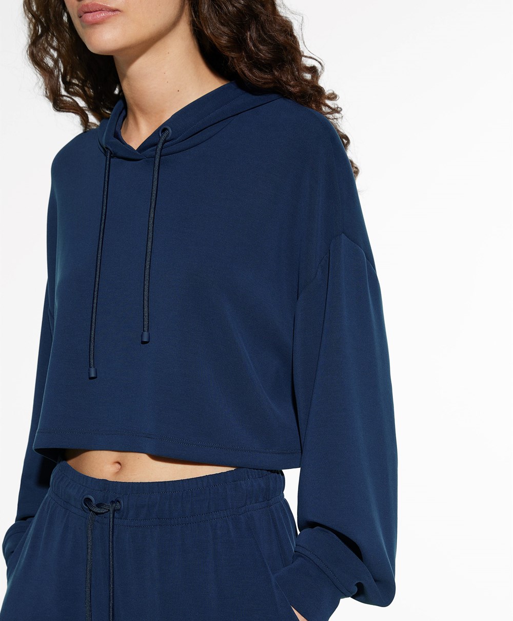 Oysho Κουκουλοφόρος Modal Crop Sweatshirt σκουρο μπλε μπλε | TLMBYQ-649