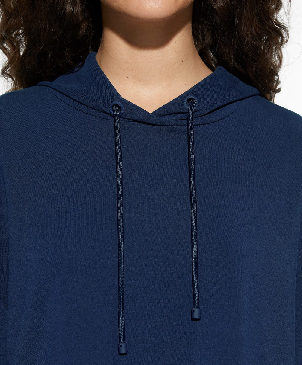 Oysho Κουκουλοφόρος Modal Crop Sweatshirt σκουρο μπλε μπλε | TLMBYQ-649