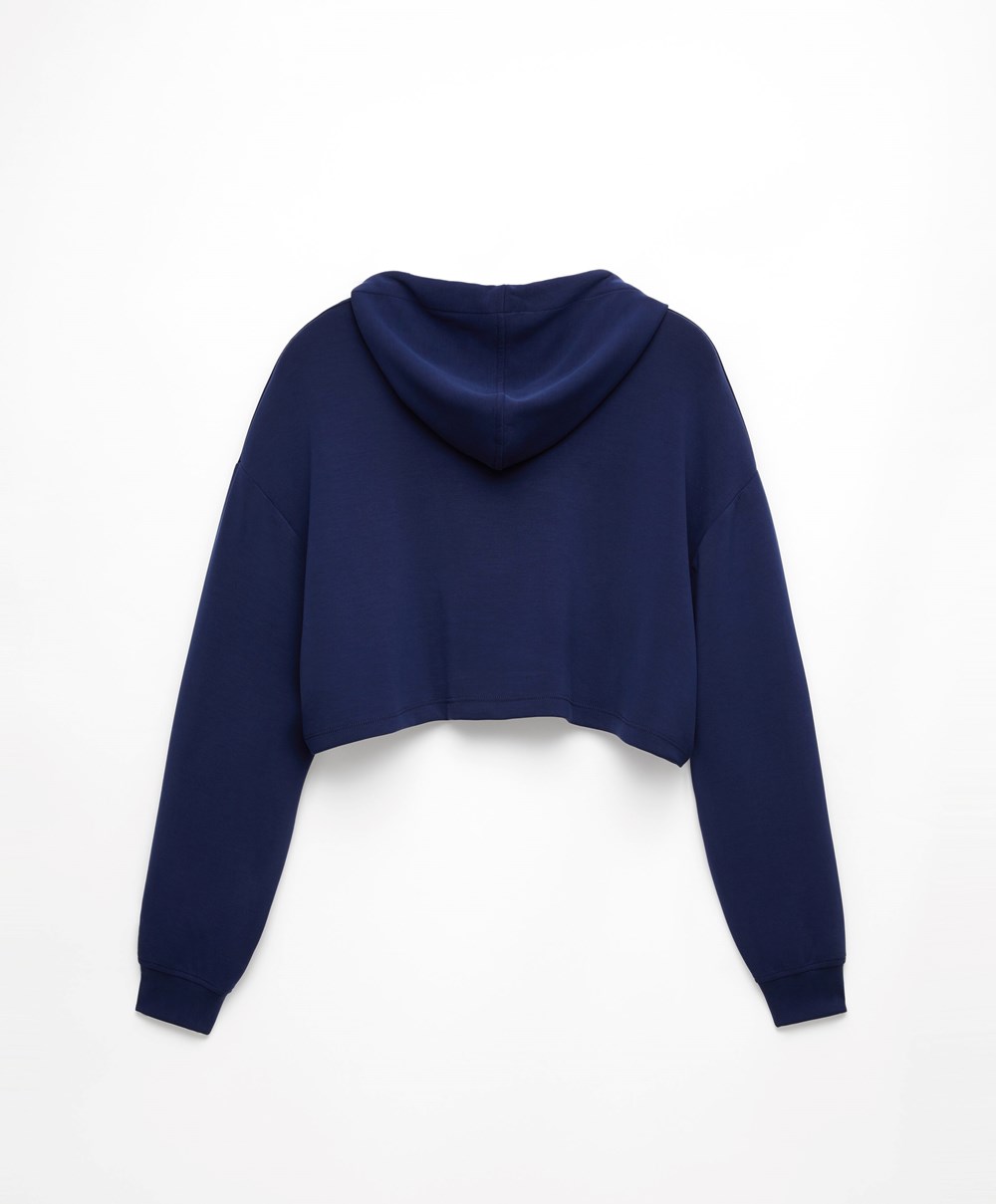 Oysho Κουκουλοφόρος Modal Crop Sweatshirt σκουρο μπλε μπλε | TLMBYQ-649