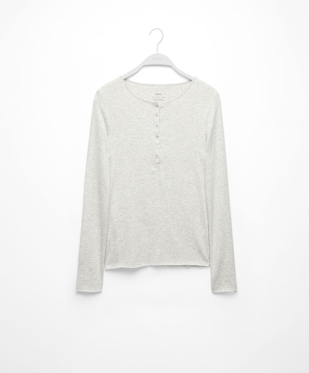 Oysho Πλευρωτός Long Sleeve T-shirt γκρι | YHOQMB-879