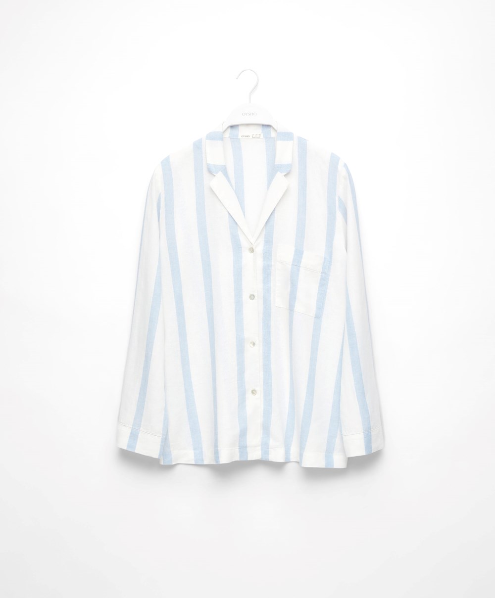 Oysho Ριγέ Linen Long-sleeved Shirt Pale Ecru | FPZAMO-620