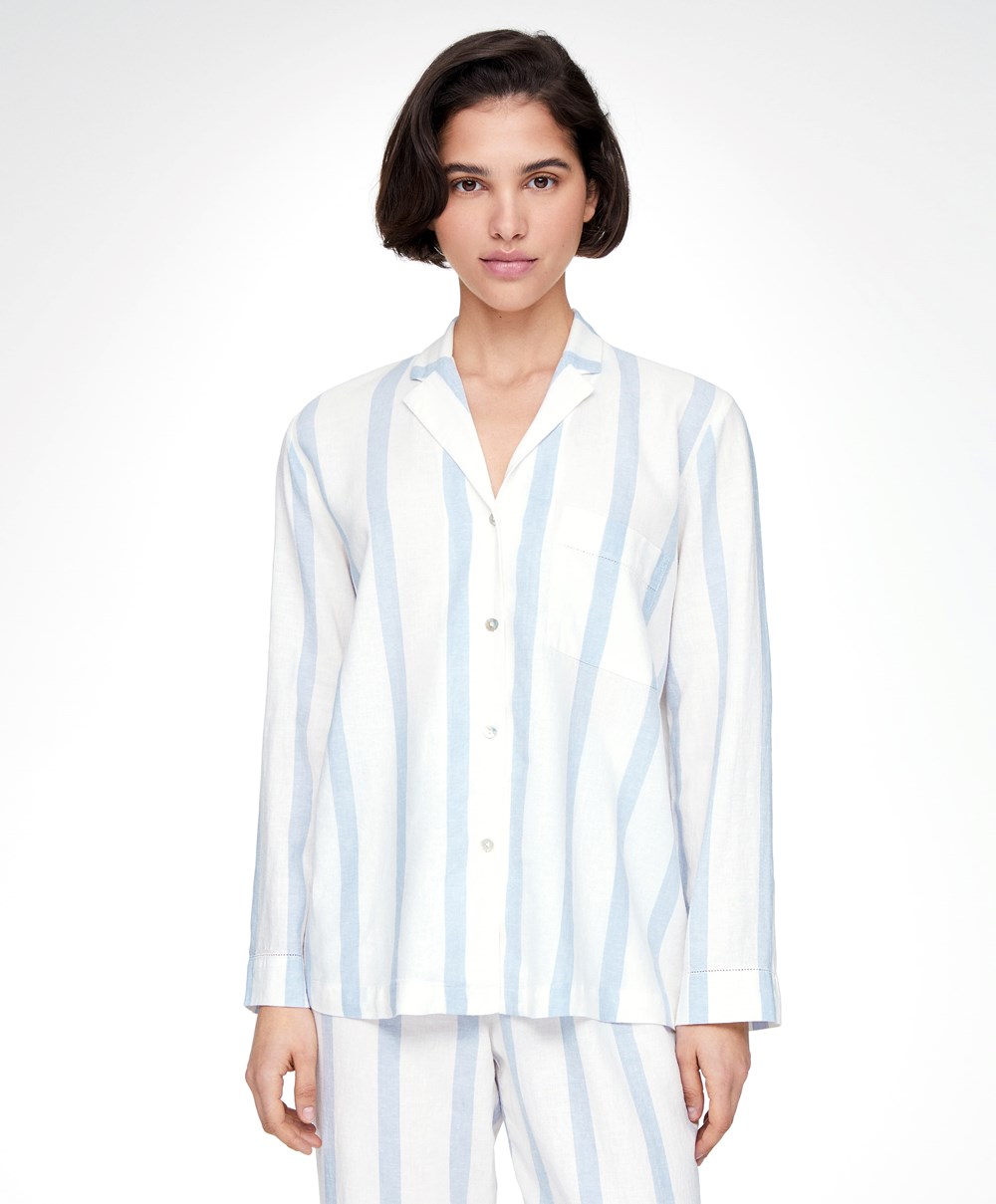 Oysho Ριγέ Linen Long-sleeved Shirt Pale Ecru | NPDFUZ-016