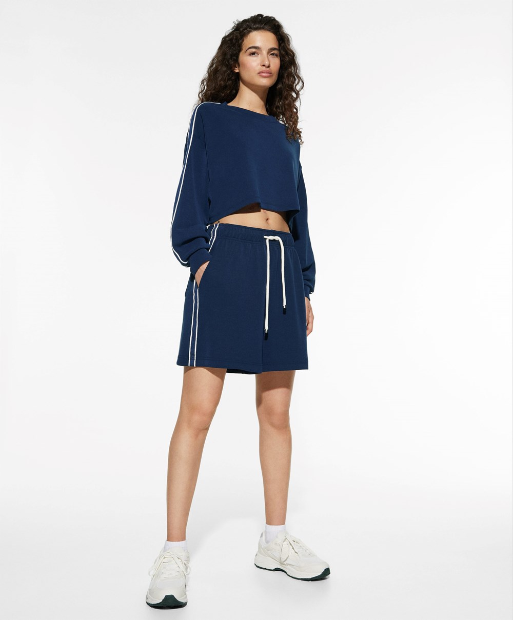 Oysho Ριγέ Modal Crop Sweatshirt σκουρο μπλε μπλε | PGBLUK-673